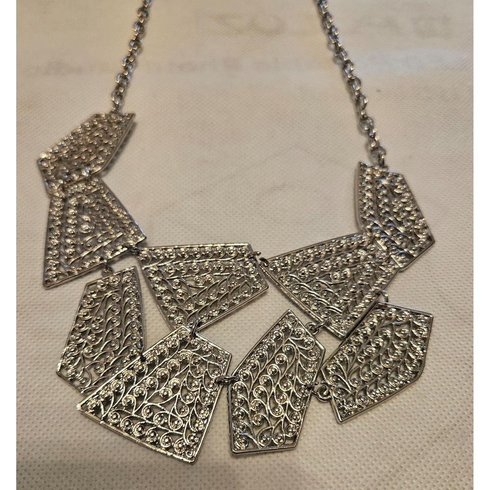 Statement Necklace Silver Geometric Filigree Part… - image 1
